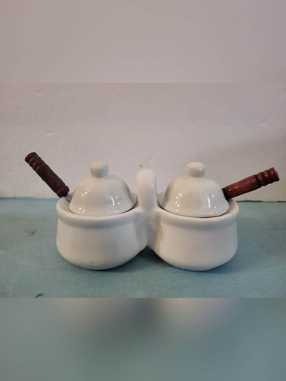 Vintage White Double Condiment Server with Wooden Spoons #1419-500